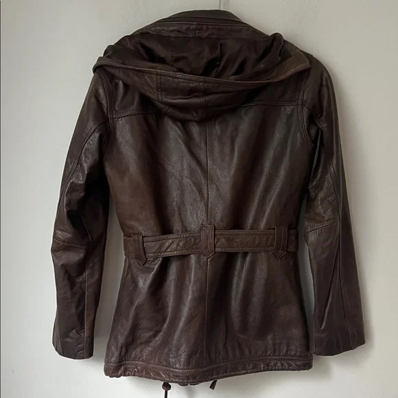 Wilsons Leather Womens Brown Belted Zipped Jacket with detachable hood Sz Small - Picture 4 of 8